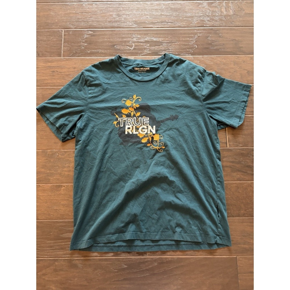 True Religion Mens 2XL Teal Green Graphic T-Shirt Guitar Floral Embroidered Tee - Picture 2 of 6